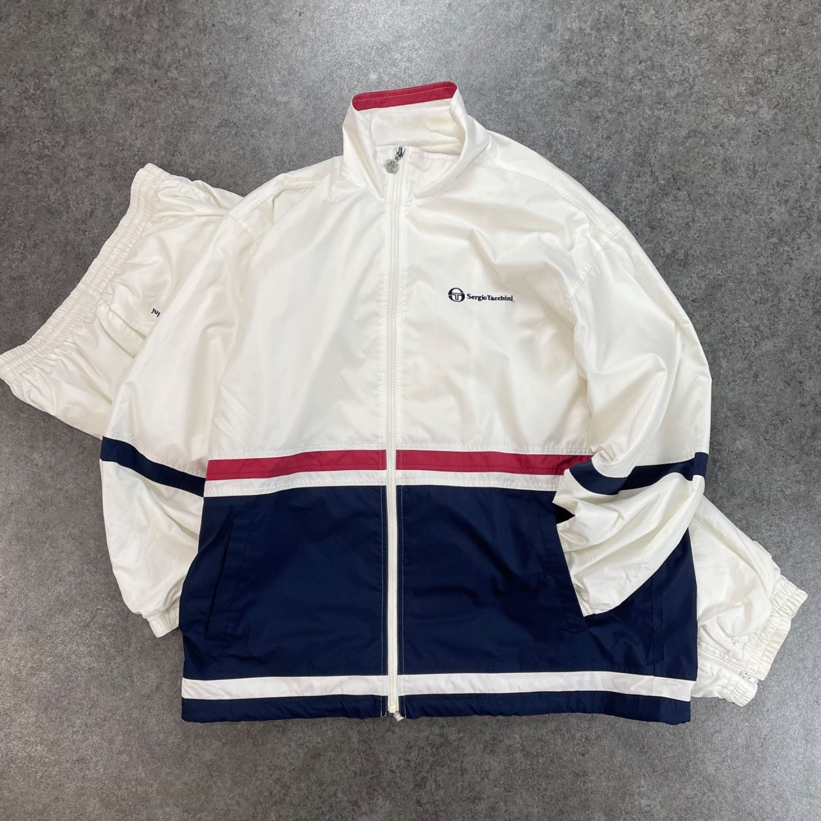 Vintage Sergio Tacchini Windbreaker Set-Up Jacktet Pant HIPHOP セルジオタッキーニ ウィンドブレーカー フルジップ トラック ジャケット パンツ セットアップ 上下 ロゴ刺繍 ヴィンテージ L