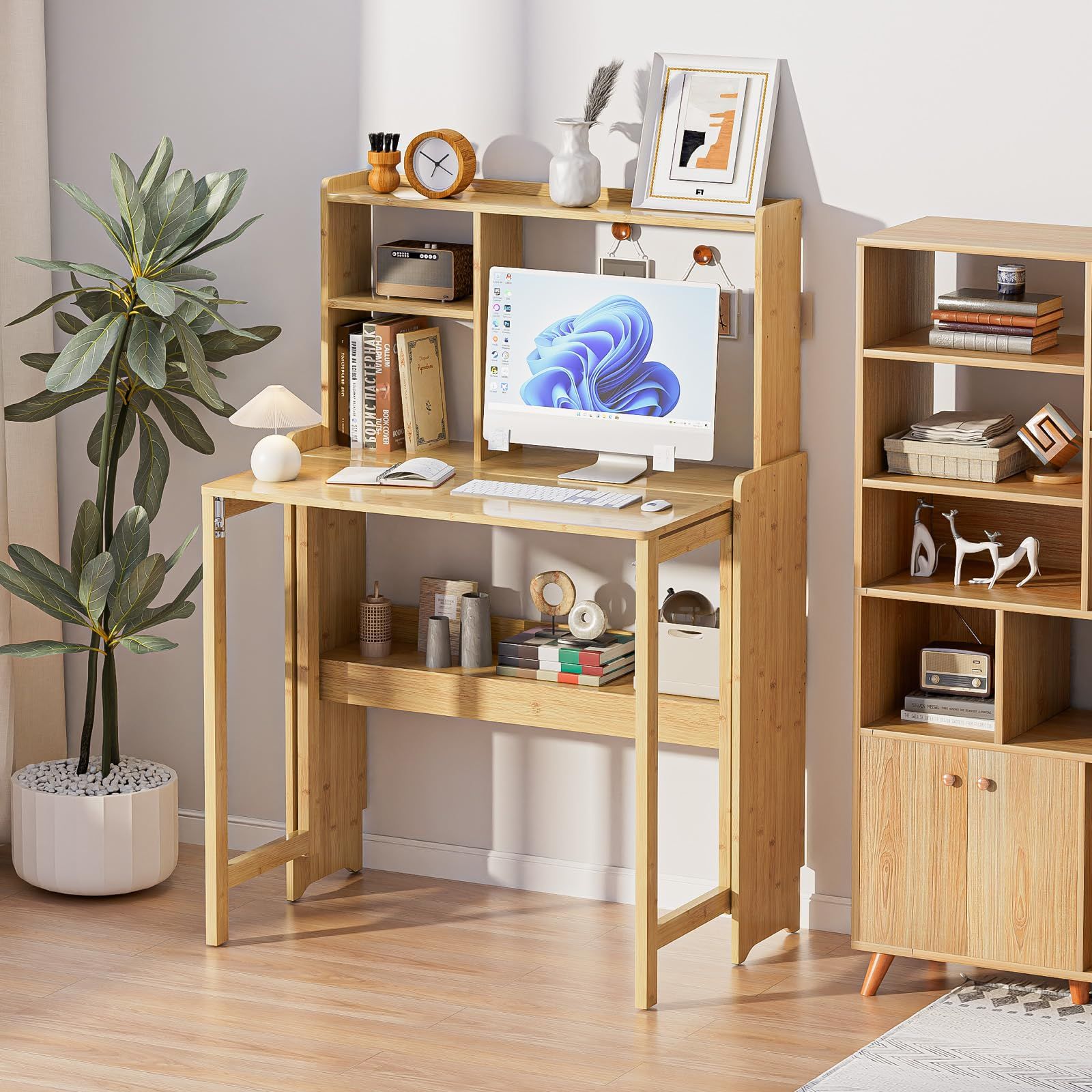 折りたたみデスク 本棚付き 竹製 折りたたみテーブル げんもくしょく 折りたたみ机 コンパクト収納 天然竹素材 オープン棚付き 幅広天板 書斎 勉強 在宅ワーク用 ナチュラルデザイン WWW_OPDRERGINERDOGAN_COM