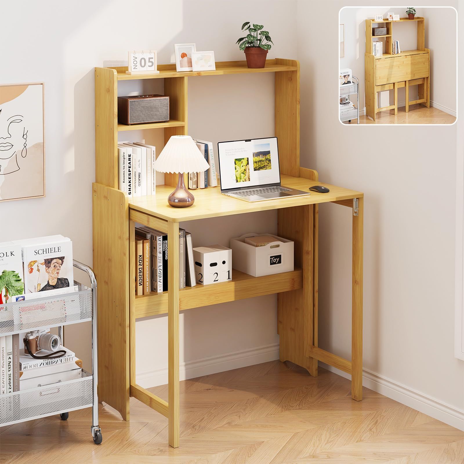 折りたたみデスク 本棚付き 竹製 折りたたみテーブル げんもくしょく 折りたたみ机 コンパクト収納 天然竹素材 オープン棚付き 幅広天板 書斎 勉強 在宅ワーク用 ナチュラルデザイン