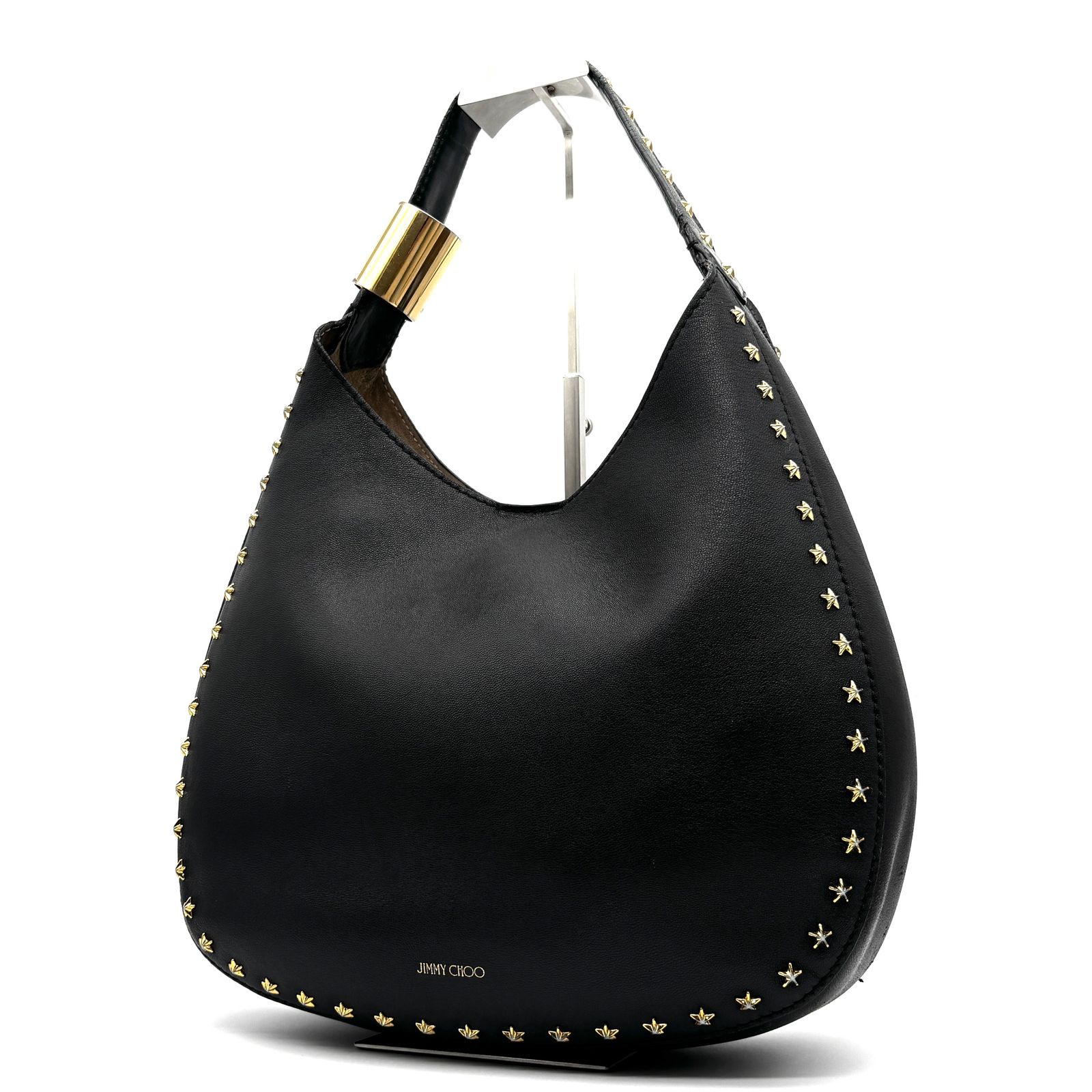 JIMMYCHOO ジミーチュウ ワンショルダーバッグ レザー スタッズ ロゴ 肩掛け可 大容量 ハーフムーン レディース ブラック