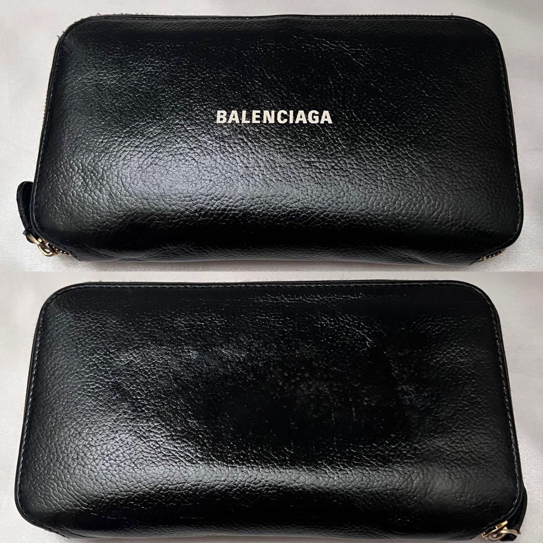 ◇美品◇バレンシアガ　ラウンドファスナー長財布　白ロゴ×ブラックレザー　シボ革 ◇美品◇バレンシアガ ラウンドジップ長財布 白ロゴ×ブラックレザー