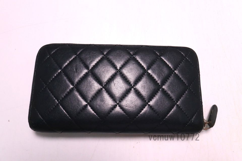 美 CHANEL 15番台 マトラッセ SV金具 レザー ラウンドファスナー 長財布 シャネル 1030 zd 25653
