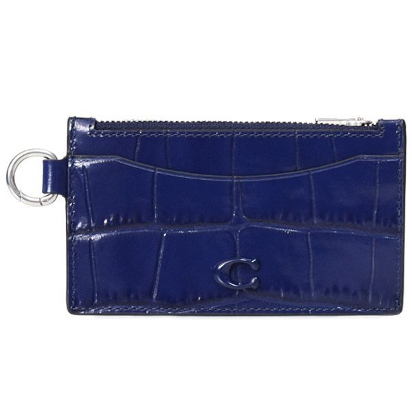コーチ メンズ カードケース COACH クロコダイル エンボスドレザー ジップ カードケース Dカン Dリング付き ロゴ コインケース 小銭入れ ネイビー CW433