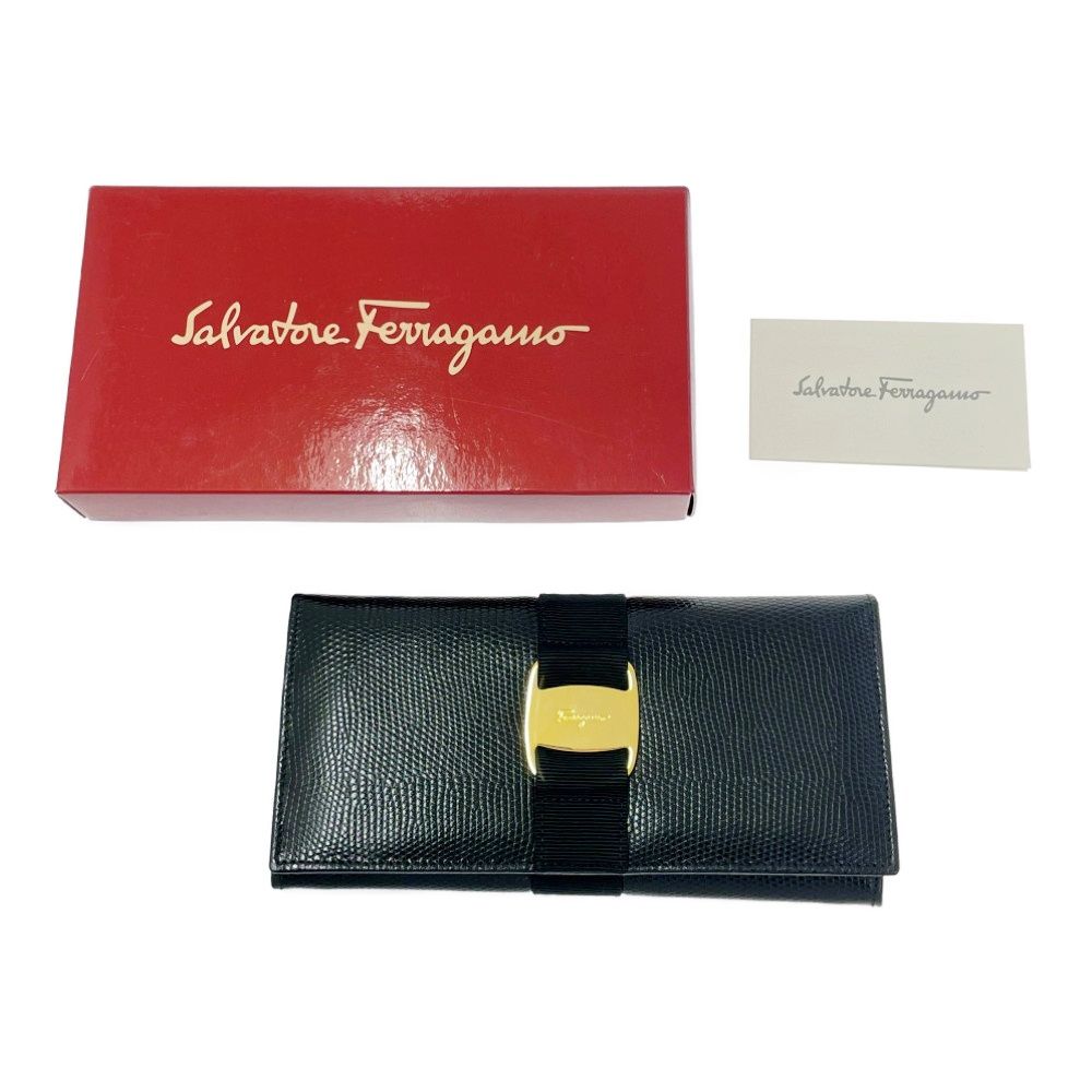 き Salvatore Ferragamo サルヴァトーレフェラガモ レザー ヴァラ 長財布 ブラック 491537