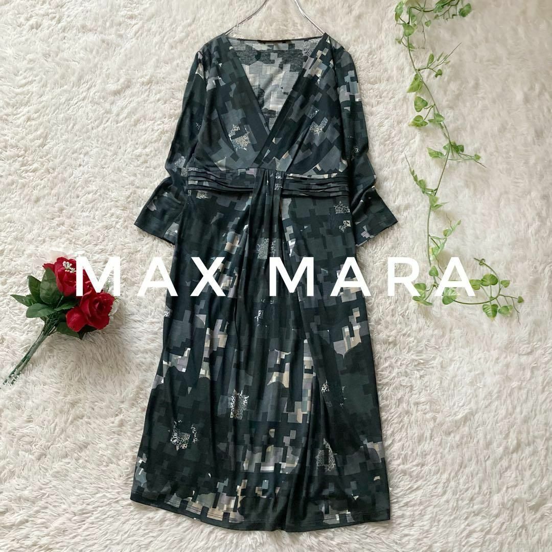 マックスマーラ シルクコットン カシュクールロングワンピース モザイク柄 Sサイズ グレー Weekend Max Mara