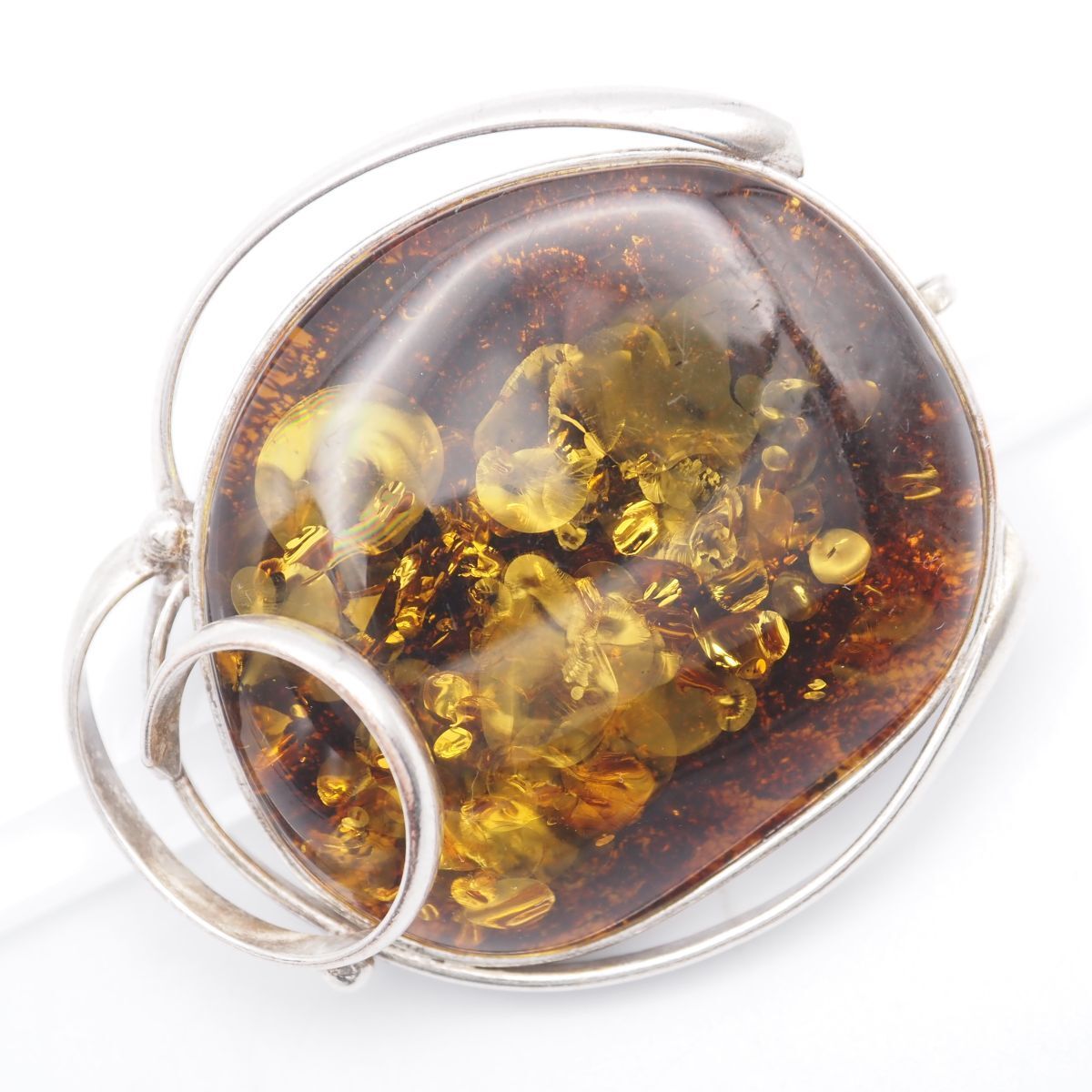 H 831 特大 琥珀 コハク アンバー ブローチ デザイン シルバー ヴィンテージ