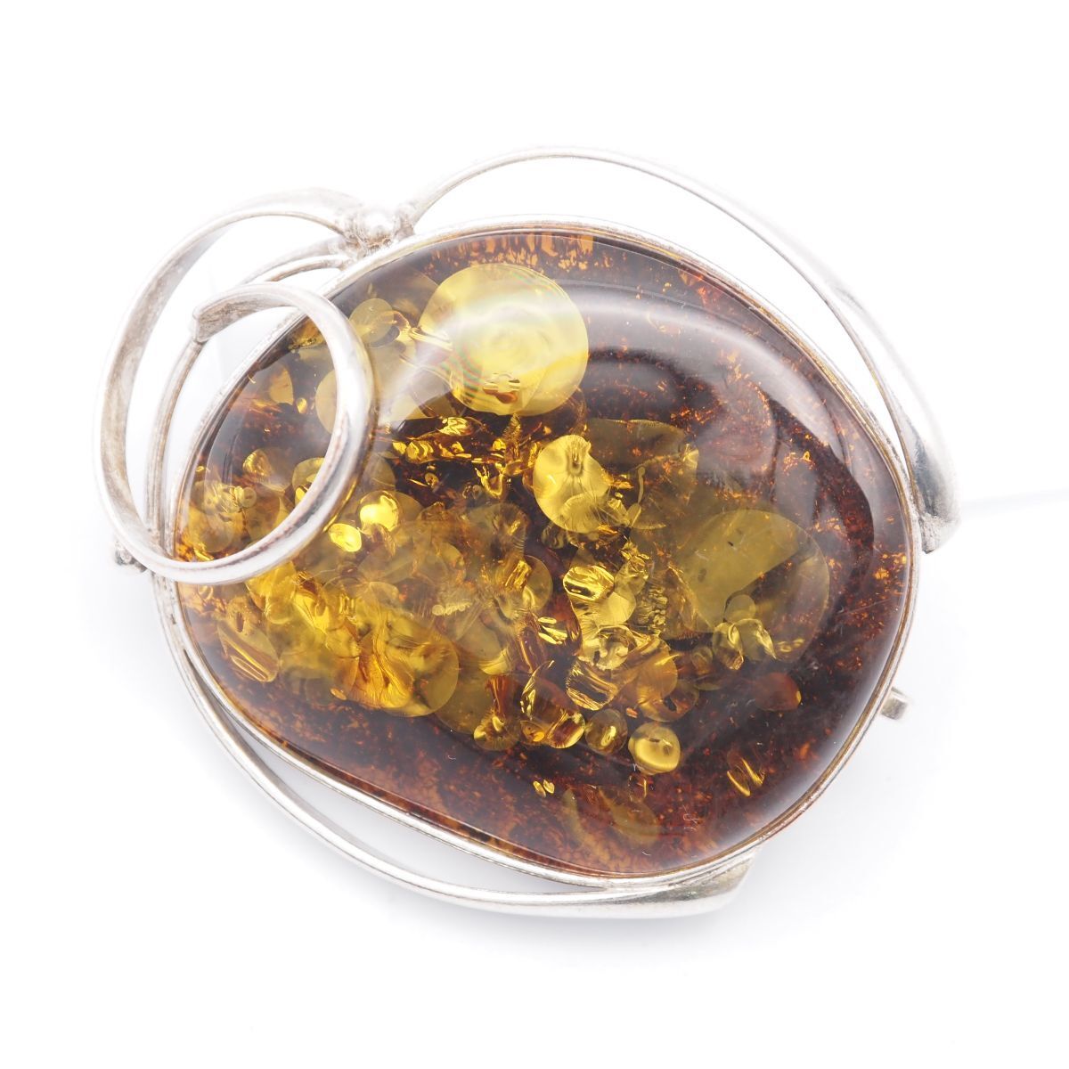 H 831 特大 琥珀 コハク アンバー ブローチ デザイン シルバー ヴィンテージ