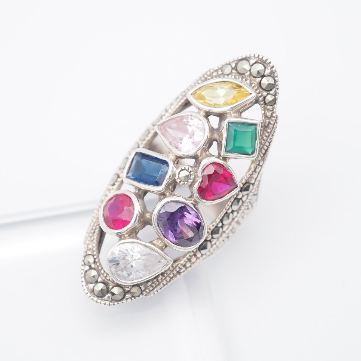 H687 アメジスト ピンクストーン 等 ストーン 925刻印 リング 大ぶり 透かし彫り マーカサイト デザイン シルバー 指輪 12号