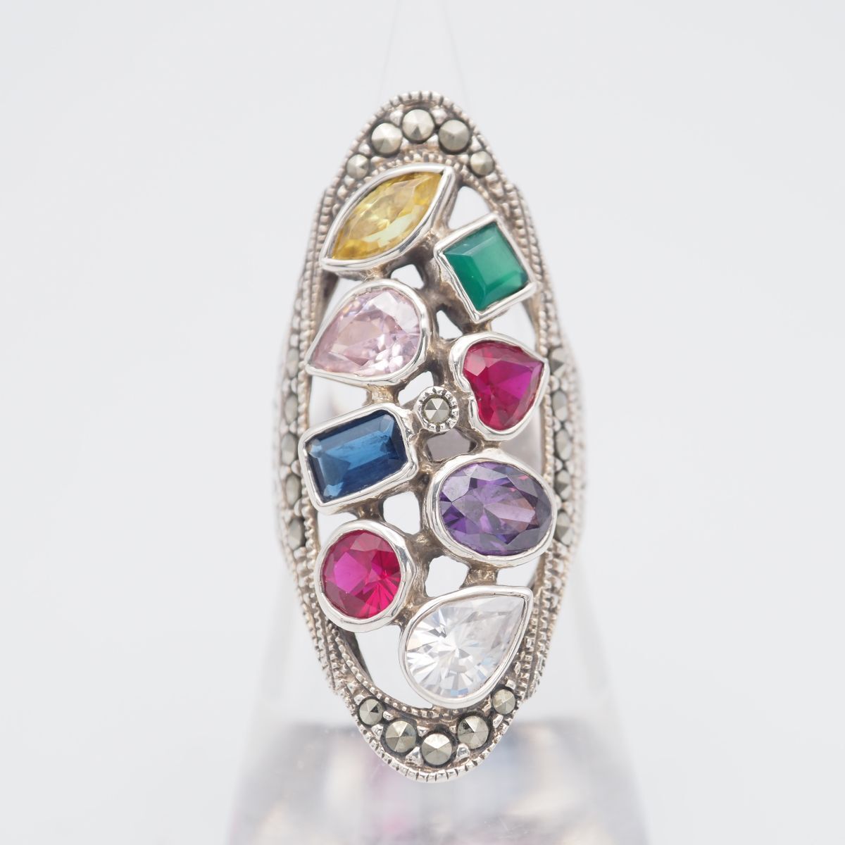 H 687 アメジスト ピンクストーン 等 ストーン 925刻印 リング 大ぶり 透かし彫り マーカサイト デザイン シルバー 指輪 12号