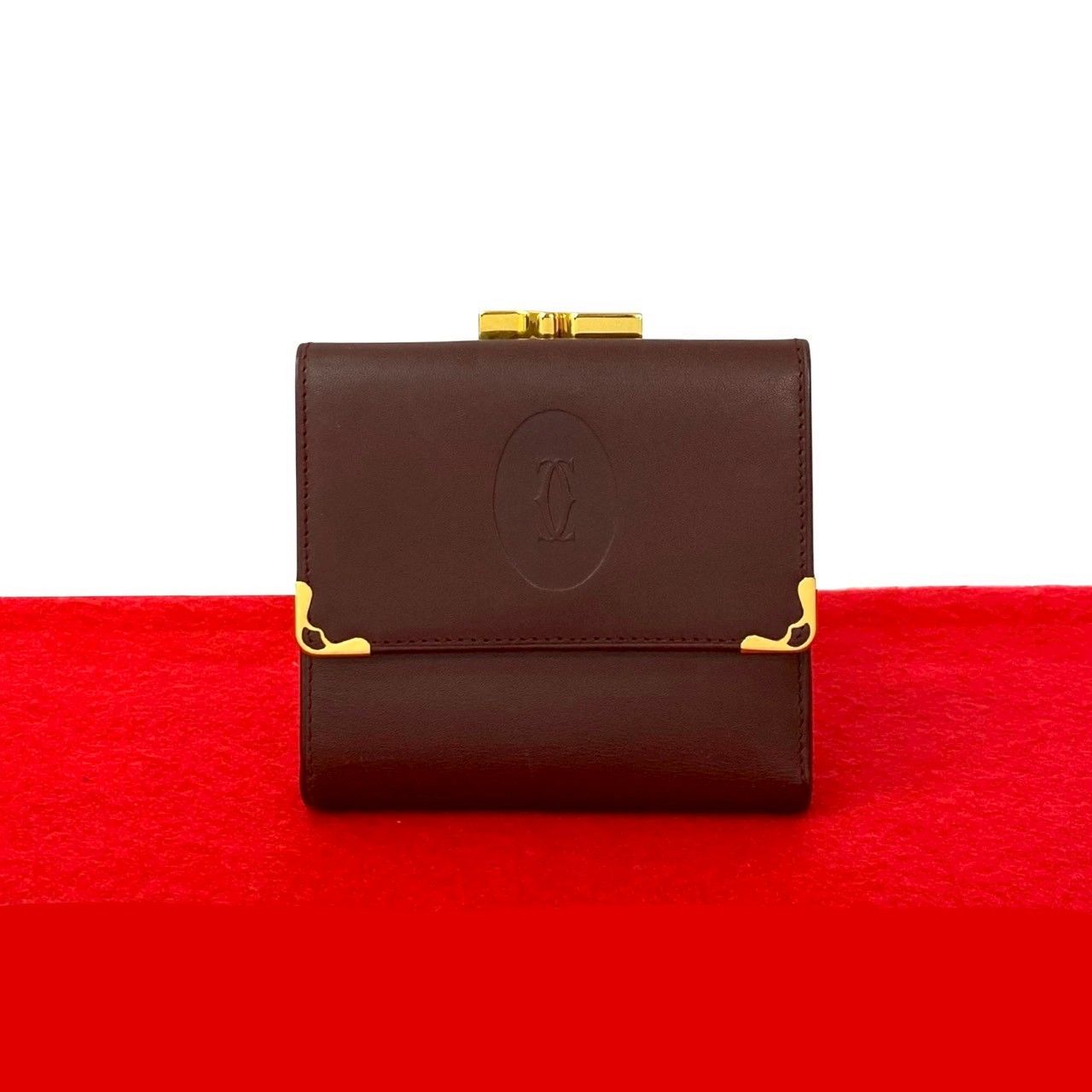 CARTIER カルティエ ヴィンテージ マストライン レザー 本革 がま口 三つ折り 財布 ミニ ウォレット 札入れ ボルドー 62532