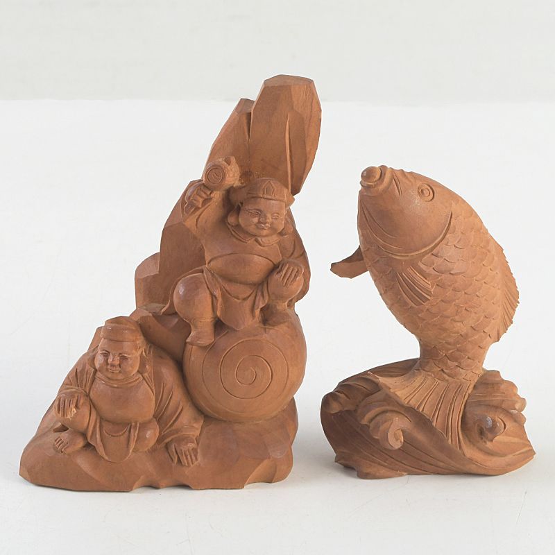香木 白檀彫刻 恵比寿 大黒天像 魚像 置物 2点 C S 228