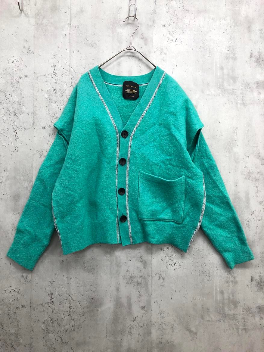 UNITED TOKYO ユナイテッドトウキョウ ウール100% 厚手 スクラッチ刺繍ニットカーデ カーディガン sizeF グリーン レディース