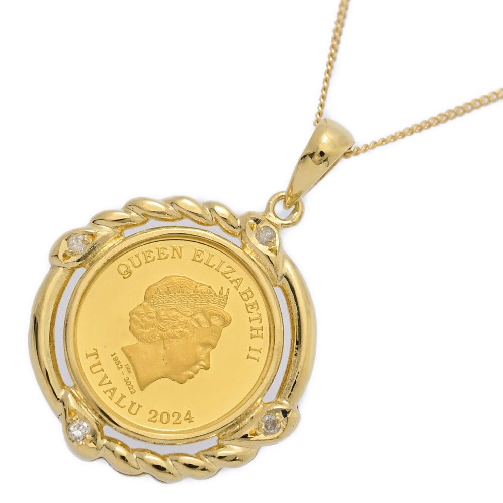 0.04ct 1 25oz ホース金貨 3ドル・ダイヤモンド ネックレス・ペンダント K24コイン-4.4g K18 イエローゴールド プレゼント ♀ S レディース 595953