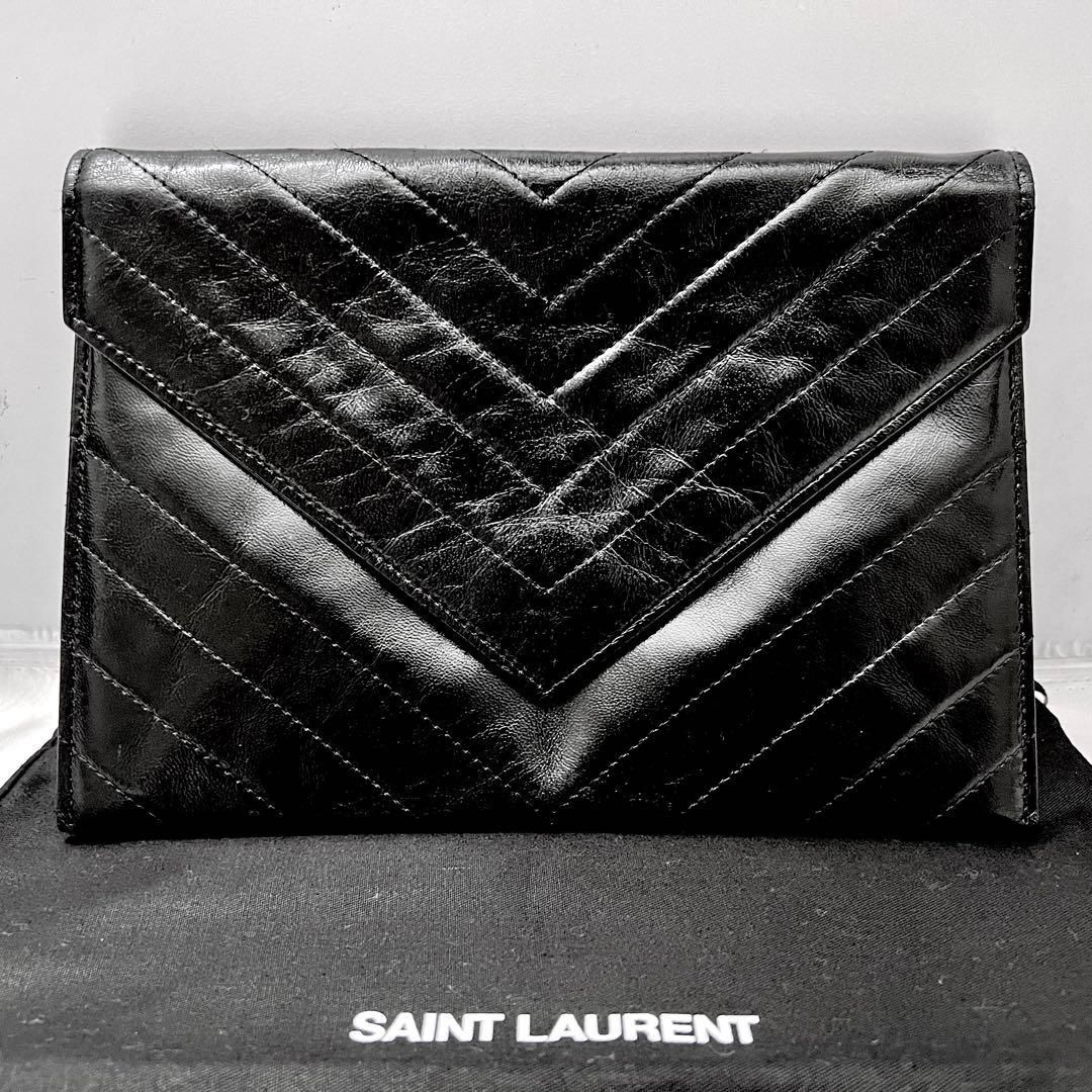 イヴサンローラン クラッチバッグ シェブロンステッチ ブラック