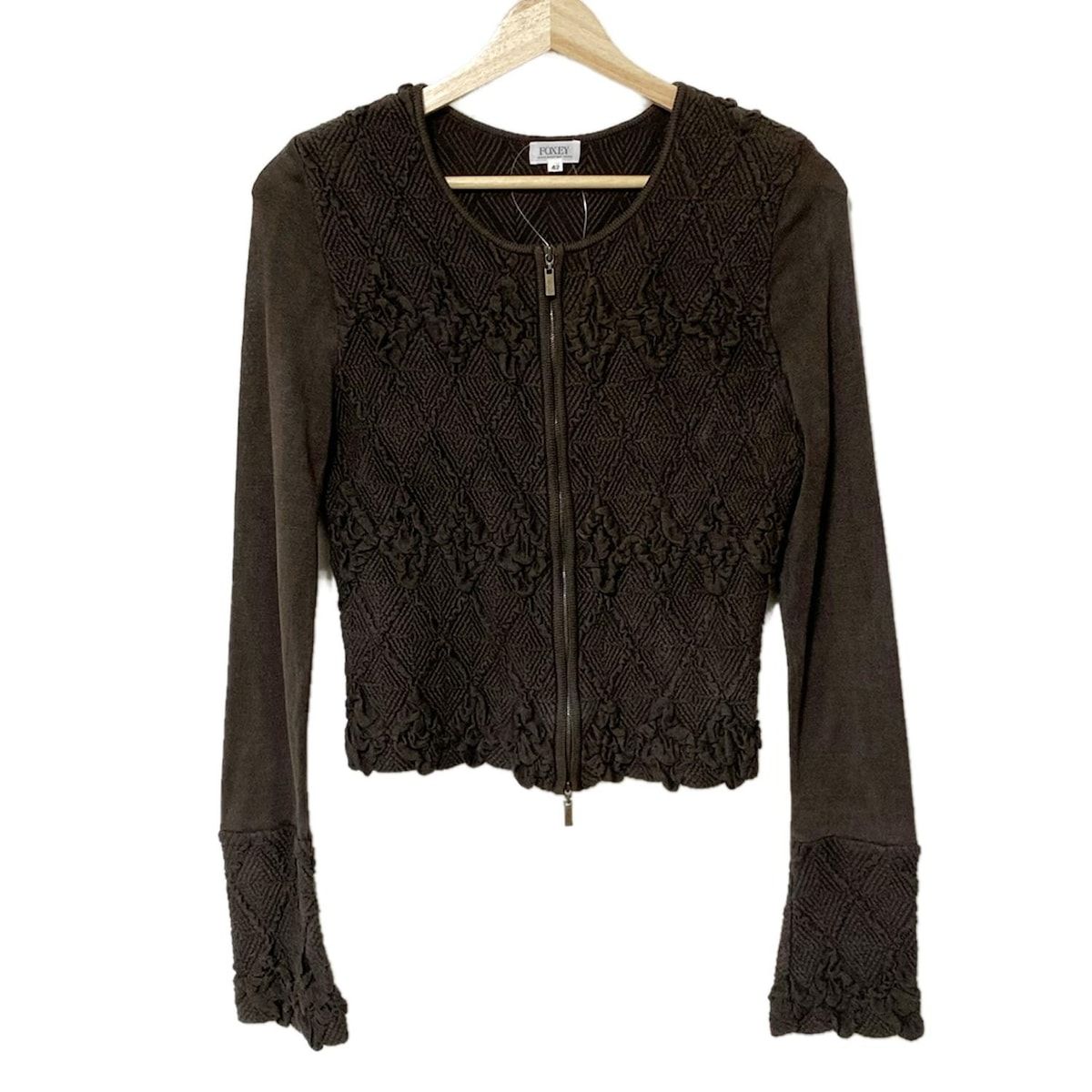 フォクシー カーディガン サイズ42 L レディース - 19154 ダークブラウン 長袖 ジップアップ シルク ジャガード Wジップ カーディガン