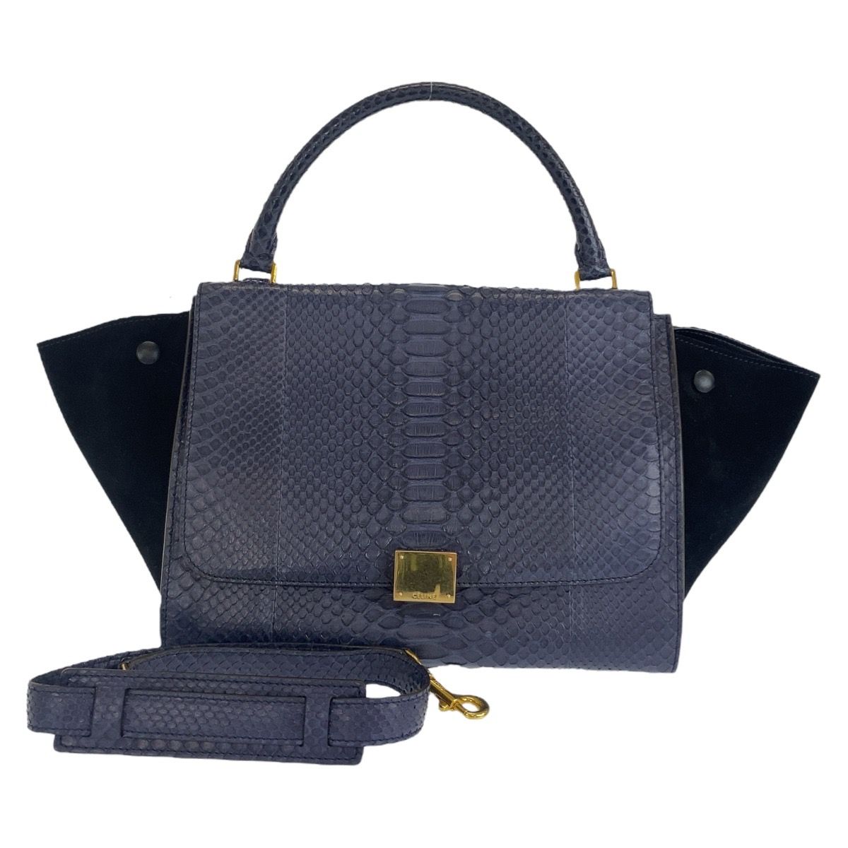 超 CELINE セリーヌ トラペーズ ブルー ゴールド金具 パイソン レザー ハンドバッグ ショルダーバッグ 2WAY レディース 505977