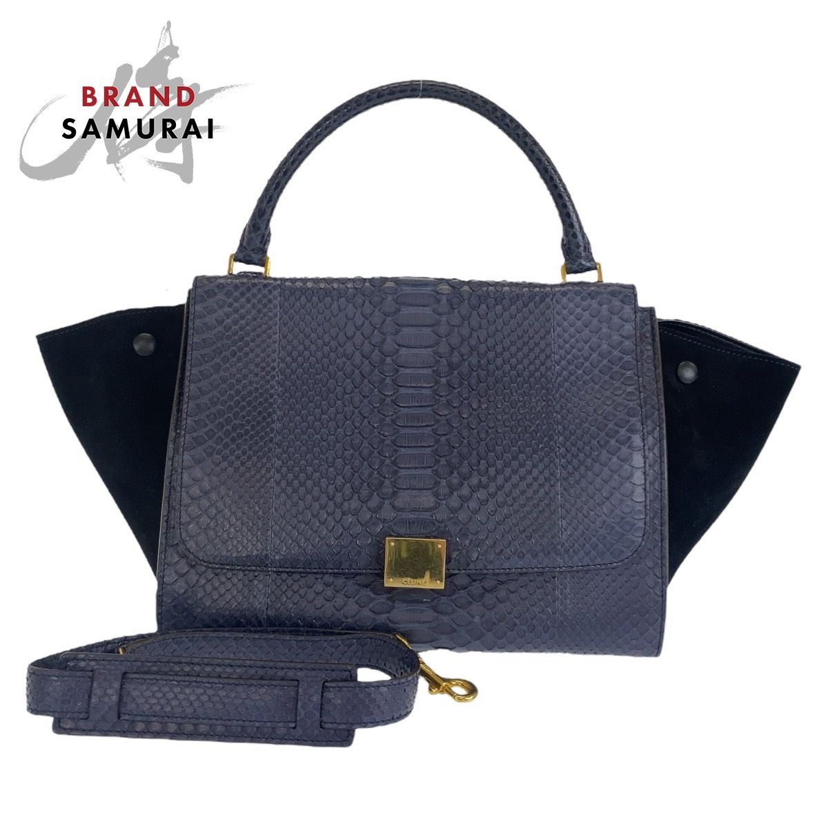 超 CELINE セリーヌ トラペーズ ブルー ゴールド金具 パイソン レザー ハンドバッグ ショルダーバッグ 2WAY レディース 505977