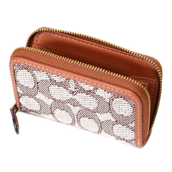 コーチ カードケース COACH ジャガード レザー シグネチャー エッセンシャル スモール ジップ アラウンド スクエア スリム コインケース ブラウンマルチ CAH 14