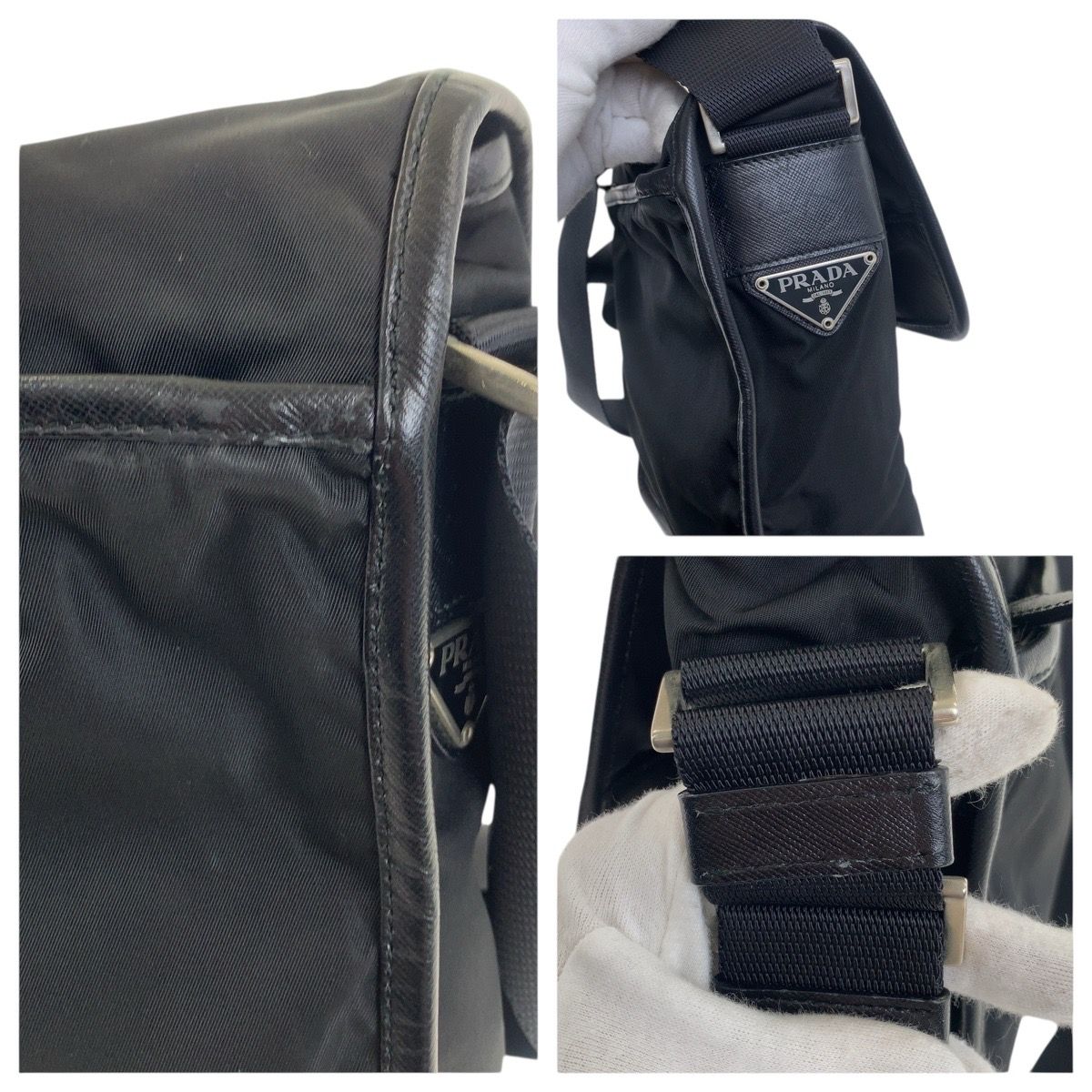  PRADA プラダ テスート サフィアーノ 三角ロゴプレート 黒 シルバー金具 ナイロン レザー ショルダーバッグ レディース 505839 ショルダーバッグ ショルダーバッグ