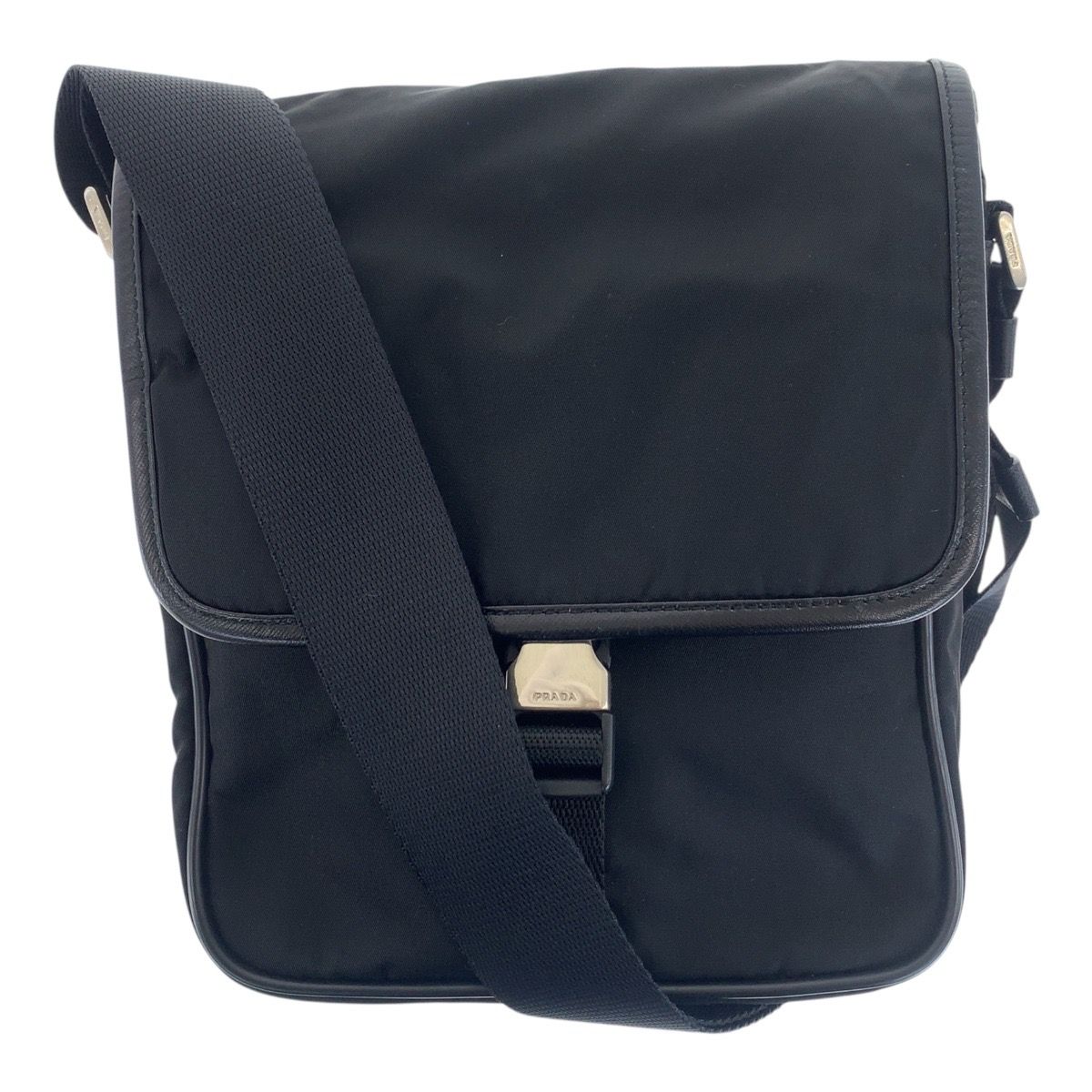 PRADA プラダ テスート サフィアーノ 三角ロゴプレート 黒 シルバー金具 ナイロン レザー ショルダーバッグ レディース 505839
