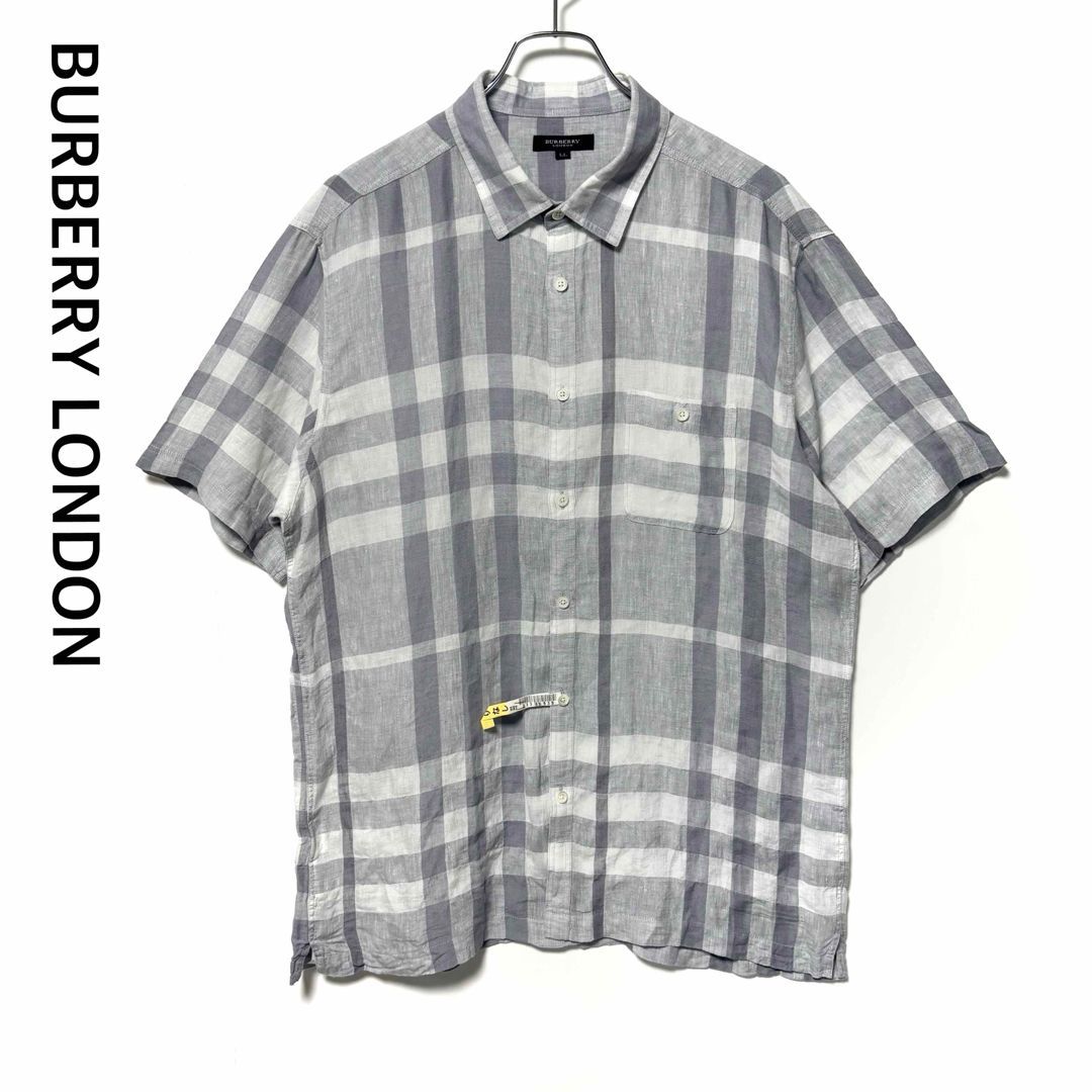バーバリーロンドン 半袖シャツ ノバチェック柄 リネンコットン ポケット付き グレー LLサイズ BURBERRY LONDON