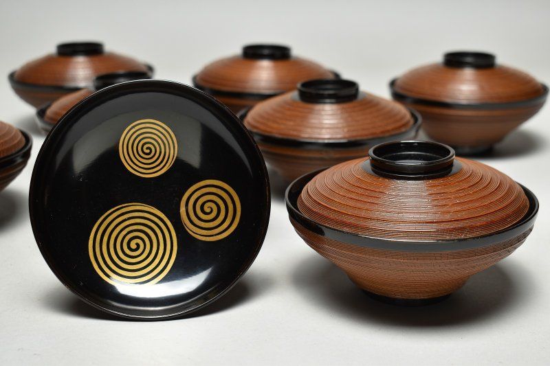 蔵A 5400 時代 木製 堅漆塗 渦巻図 吸物椀 十客