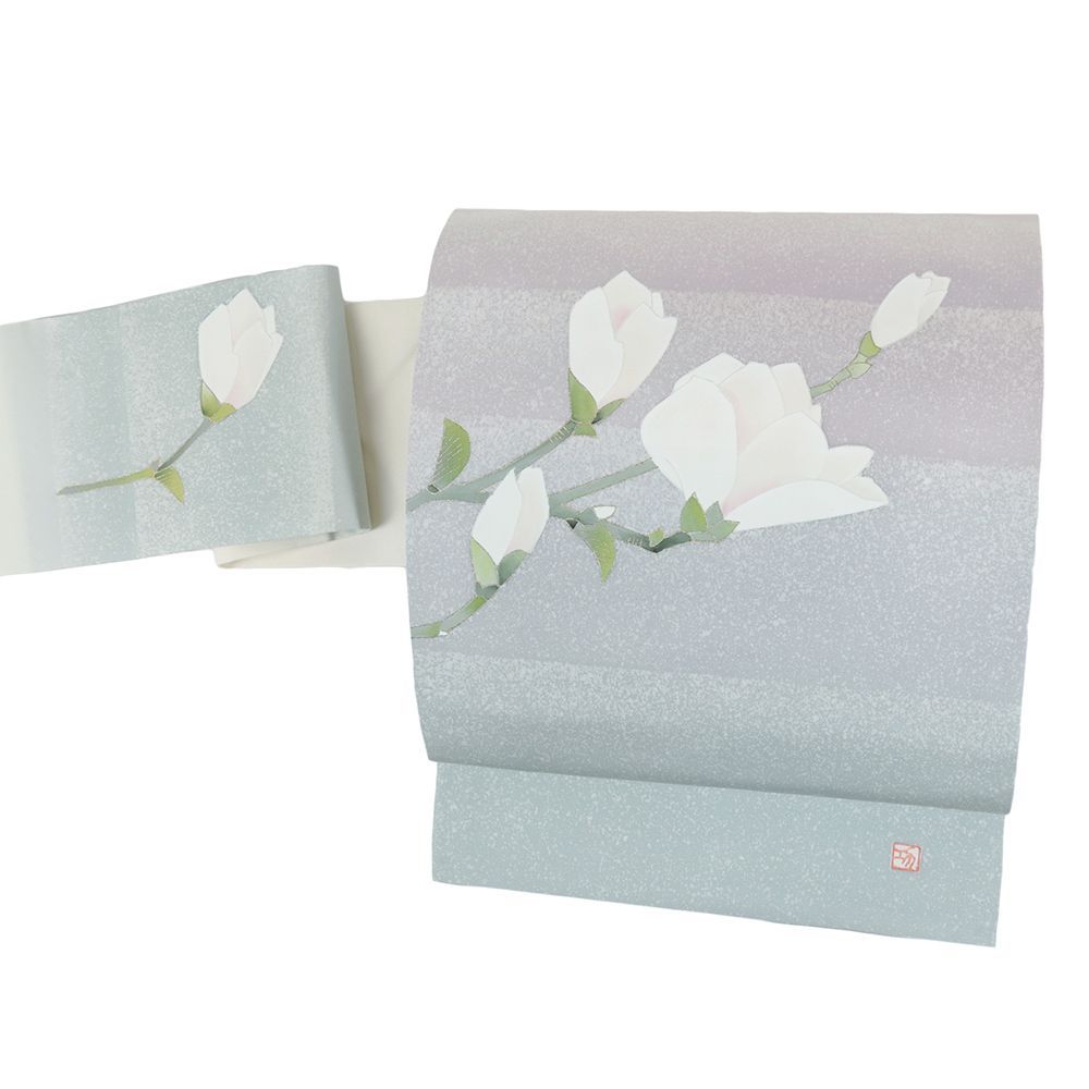 名古屋帯 上の手描友禅 塩瀬 正絹 白 木蓮 リサイクル カジュアル シンプル お洒落 仕立て上がり 染め帯 九寸 No i 6 2429