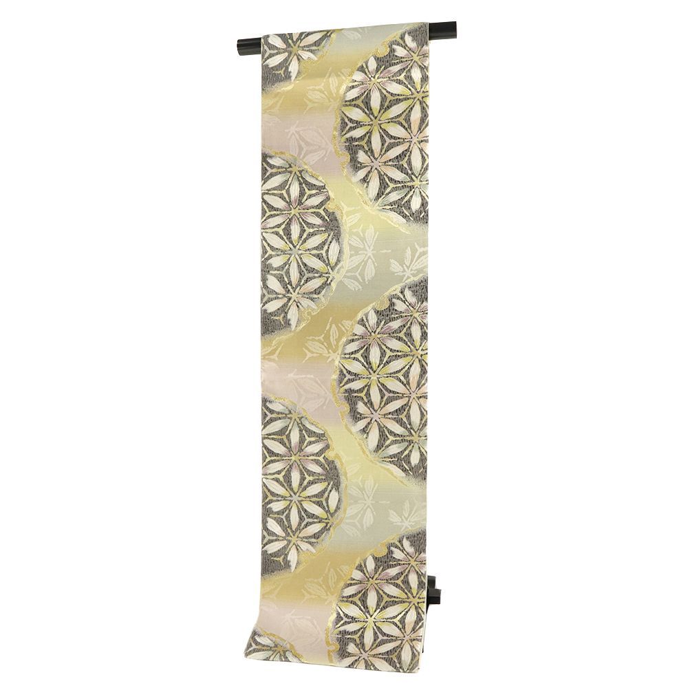  袋帯 正絹 ダークグレー 金 雪輪 麻の葉 加賀草木染 リサイクル 帯 礼装用 セミフォーマル 仕立て上がり 六通 No i 6 2431 袋帯 帯