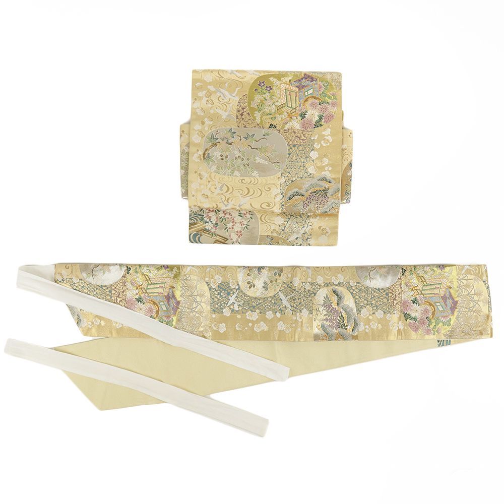 作り帯 袋帯 二重太鼓 正絹 金 唐織 フォーマル リサイクル 御所車 菊 桔梗 梅 鶴 藤の花 松 観世水 お太鼓 No i 6 2423