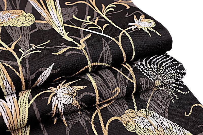 正絹西陣織大光謹製単衣袷兼用袋帯美しいキモノ掲載ボタニカル 袋帯 西陣織 大光 美しいキモノ掲載 正絹 黒 花 百合 すすき 日本製