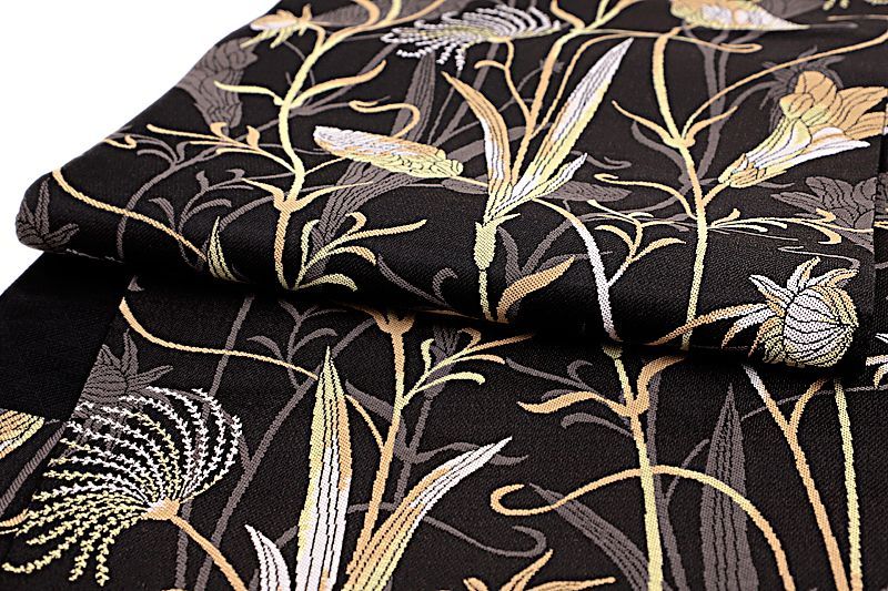  袋帯 西陣織 大光 美しいキモノ掲載 正絹 黒 花 百合 すすき カジュアル ガード加工済 仕立て上がり No.6-2419 袋帯 帯