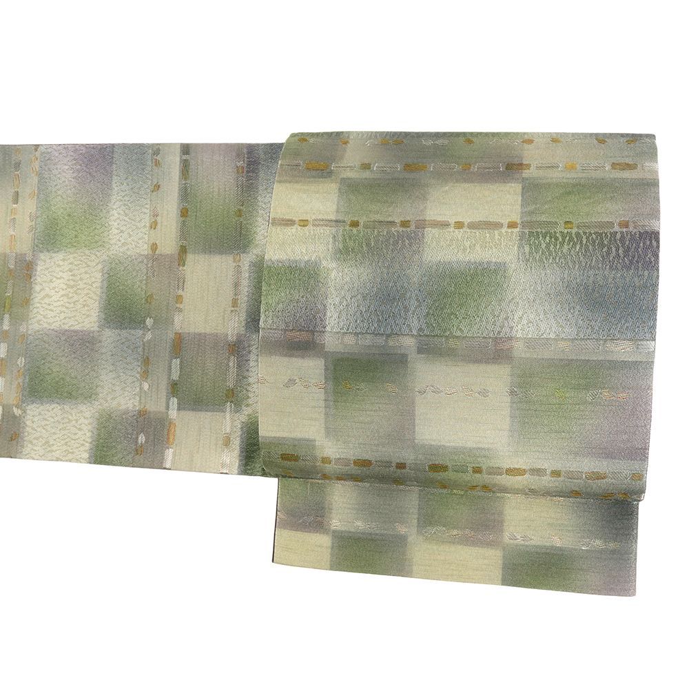 袋帯 正絹 ぼかし 市松 緑 黄色 紫 リサイクル 帯 カジュアル 西陣織 友禅染 着物 仕立て上がり 六通 No.i 6-2433