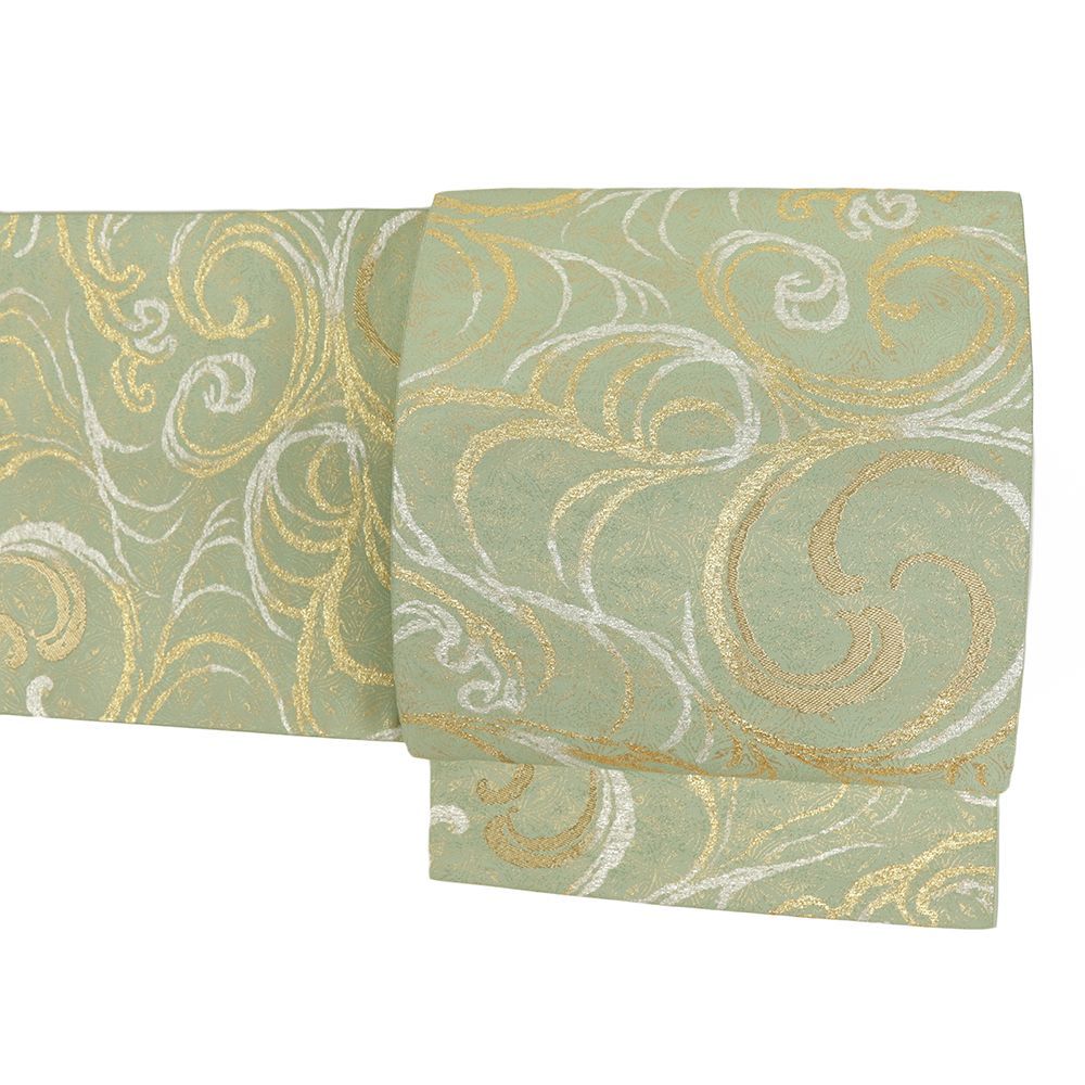 袋帯 織楽浅野 セミフォーマル 正絹 黄緑 金 銀 リサイクル 帯 西陣織 波 渦 風 流水 観世水 礼装用 仕立て上がり No i 6 2430