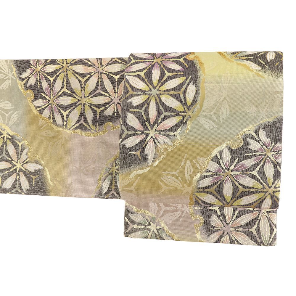 袋帯 正絹 ダークグレー 金 雪輪 麻の葉 加賀草木染 リサイクル 帯 礼装用 セミフォーマル 仕立て上がり 六通 No i 6 2431