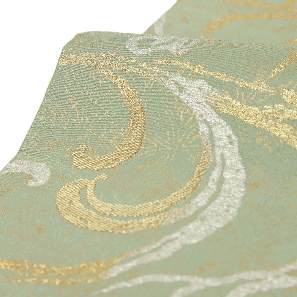  袋帯 織楽浅野 セミフォーマル 正絹 黄緑 金 銀 リサイクル 帯 西陣織 波 渦 風 流水 観世水 礼装用 仕立て上がり No i 6 2430 袋帯 帯