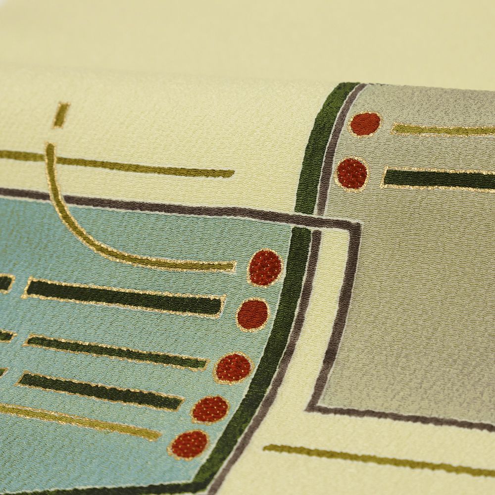  名古屋帯 正絹 薄黄色 ちりめん リサイクル 幾何学 手描友禅 カジュアル お洒落 仕立て上がり 九寸 No i 6 2424 名古屋帯 帯