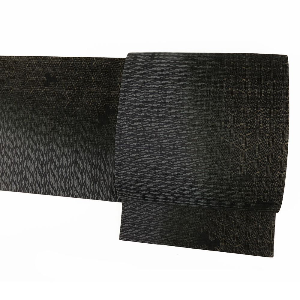 袋帯 全通 正絹 ダークグレー ぼかし 友禅染 和紙織 リサイクル 帯 紙布 カジュアル 着物 仕立て上がり No.i 6-2436