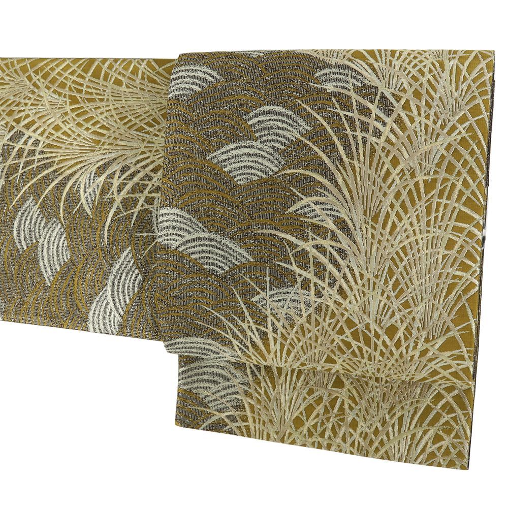 袋帯 坂東三津五郎 正絹 リサイクル 帯 茶 金 すすき 青海波 秋 礼装用 セミフォーマル 仕立て上がり 為書き有 ようこ No i 6 2437