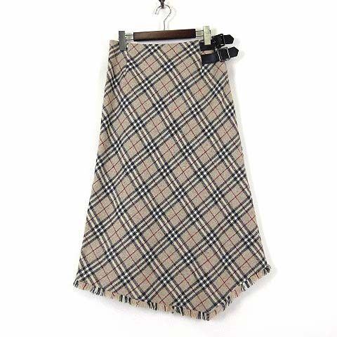 バーバリー ロンドン BURBERRY LONDON スカート ロングスカート カシミヤ 羊毛 ウール ノバチェック 本革 レザー ベルト イレヘム L 40 ライトグレー 黒 赤 ネップ FX058-074