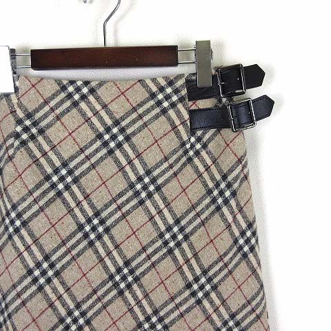 バーバリー ロンドン BURBERRY LONDON スカート ロングスカート カシミヤ 羊毛 ウール ノバチェック 本革 レザー ベルト イレヘム L 40 ライトグレー 黒 赤 ネップ FX058-074