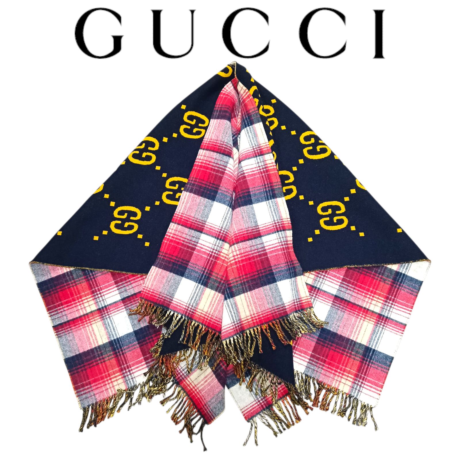 GUCCI グッチ ポンチョ ケープ リバーシブル GG ウール ネイビー レッド チェック ブランケット