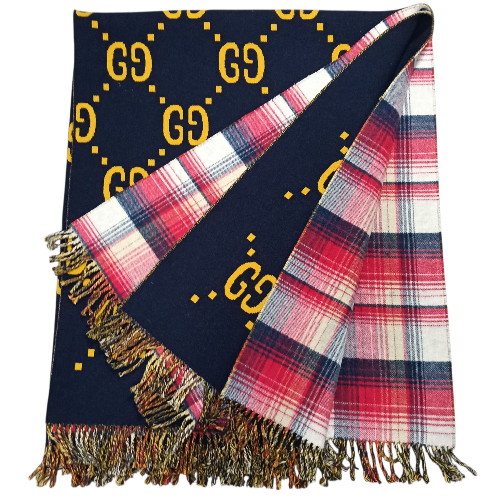 GUCCI グッチ ポンチョ ケープ リバーシブル GG ウール ネイビー レッド チェック ブランケット