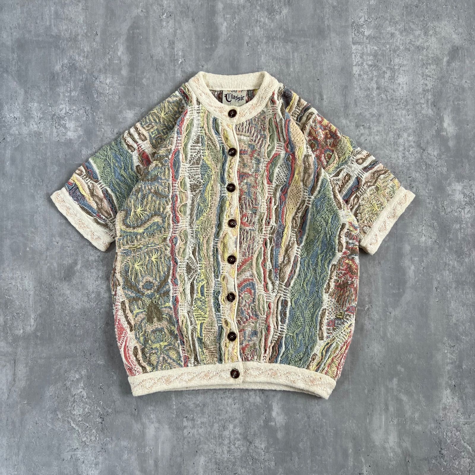 90s COOGI / クージー リネン×コットン 3D(立体編み) 半袖ニットシャツ