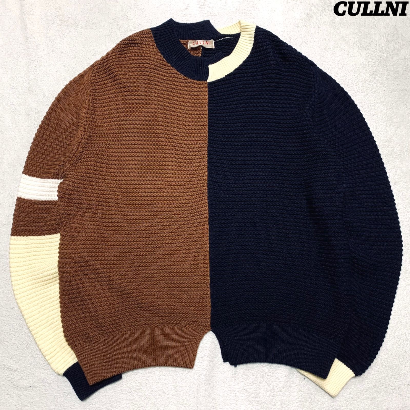 CULLNI 20AW 切替レイヤードニット セーター プルオーバー メリノウール サイズ2 マルチ ネイビー ブラウン クルニ