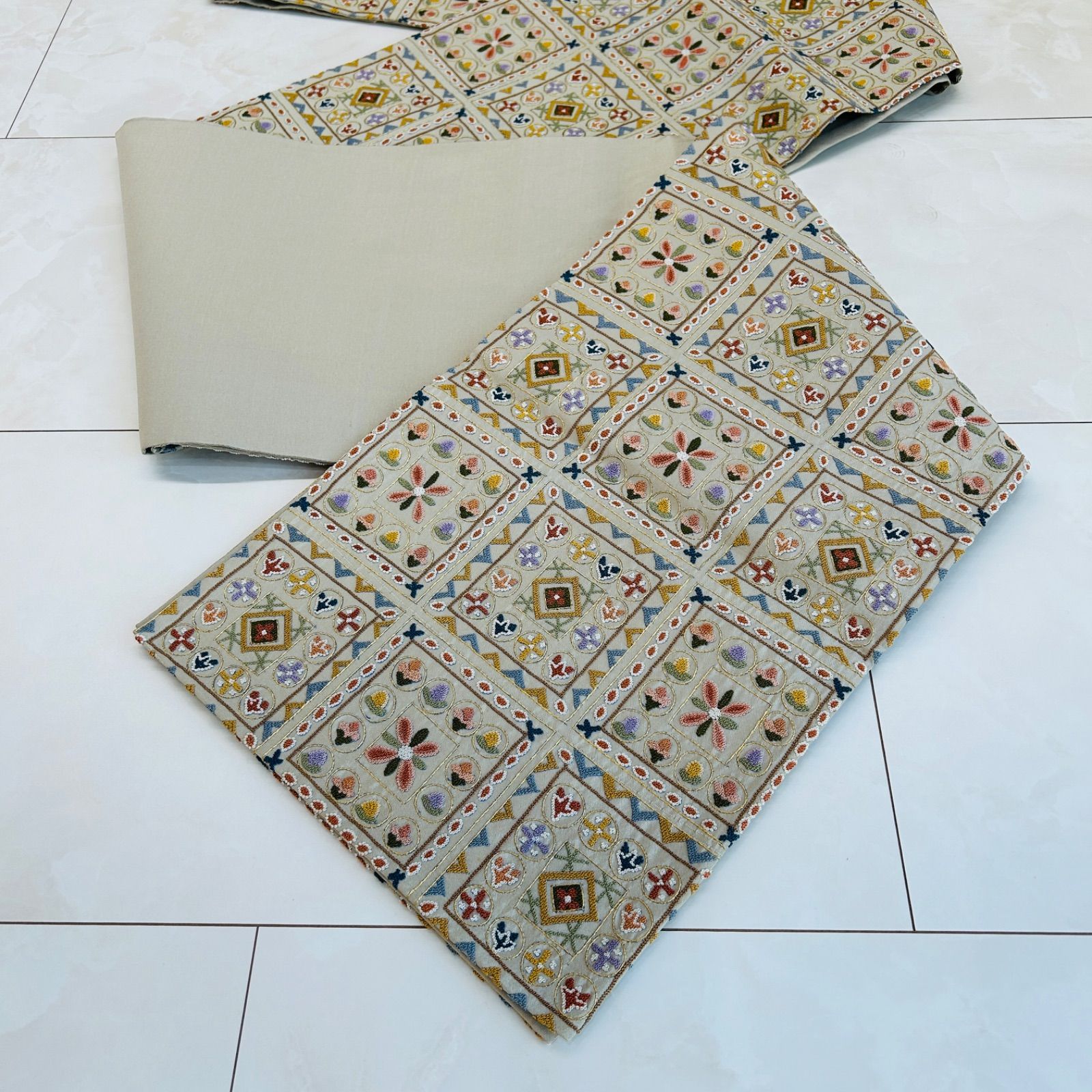  付け下げ 袋帯 セット 着物 帯 青系 ベージュ系 華やか 昭和レトロ 管理番号KKVMI 94 訪問着 付け下げ 着物