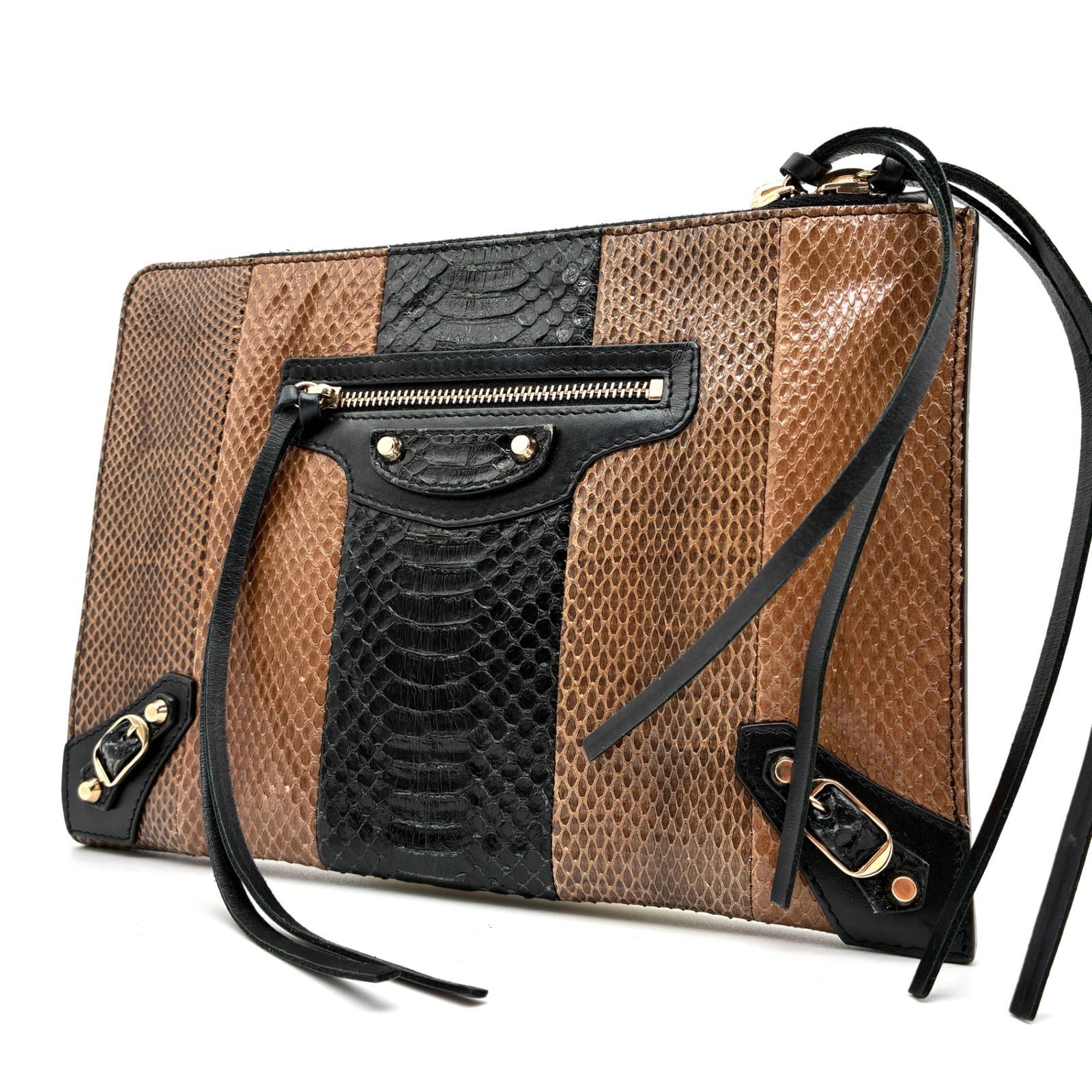 BALENCIAGA バレンシアガ クラッチバッグ パイソン レザー シティ メンズ ジップ開閉 小物入れ ブラウン