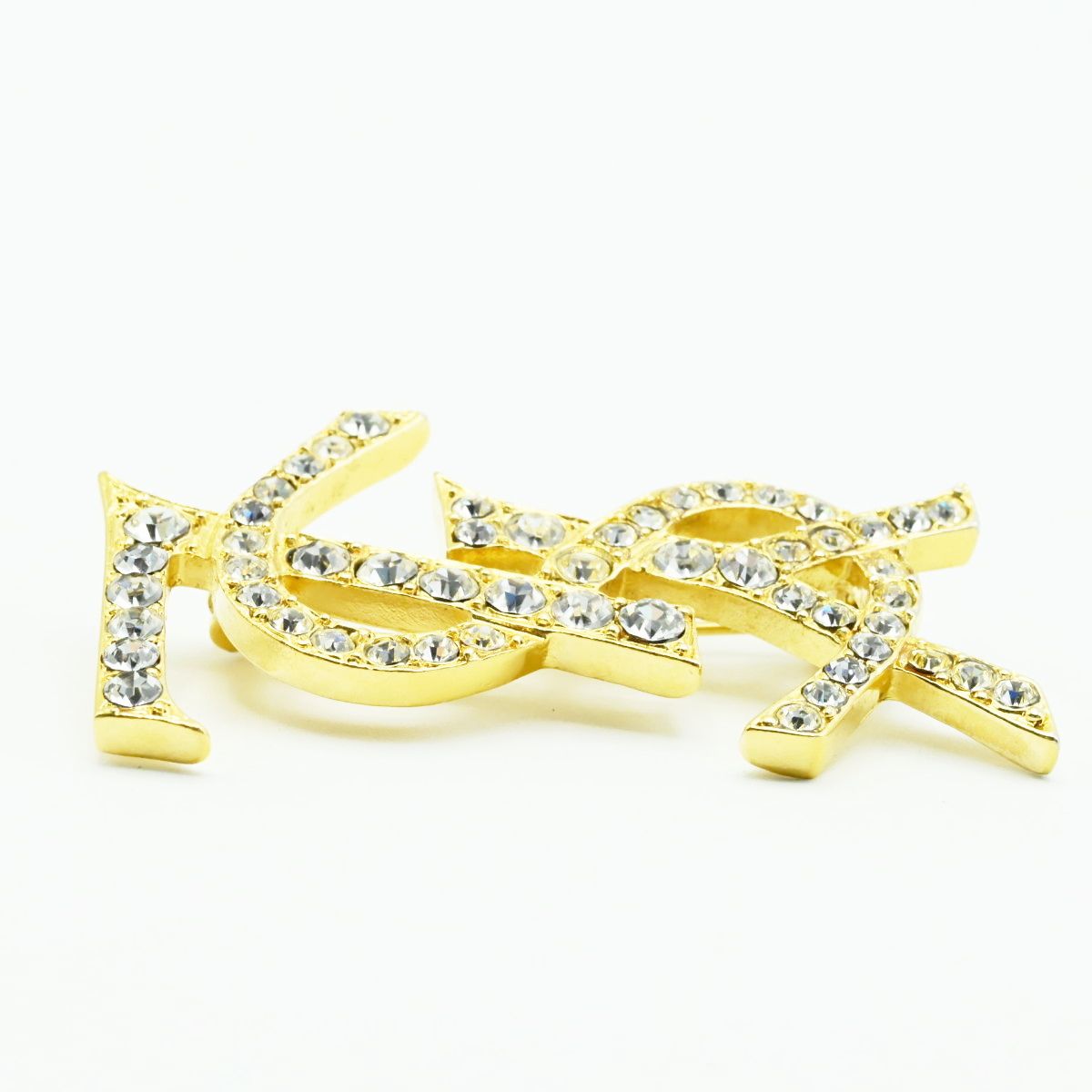 【M7】イヴサンローラン YSL ロゴ ブローチ ラインストーン ゴールド Yves Saint Laurent - 確実正規品 イヴサンローラン ブローチ ライン