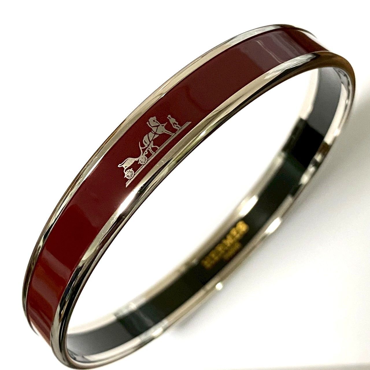 2446 HERMES エルメス エマイユ エナメル バングル カレーシュ ボルドー シルバー