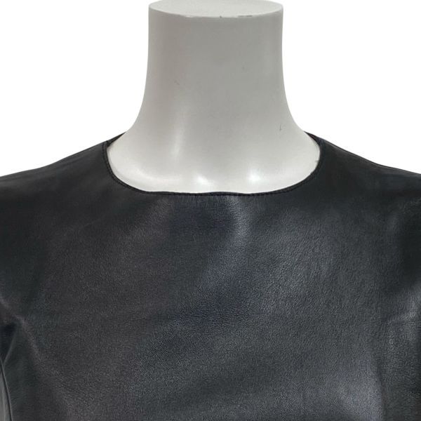 セリーヌ CELINE 切替ツイードワンピース 膝丈 ノースリーブ 黒 ネイビー 絹 毛 ラムレザー 38 S～M 7～9号 レディース S 5 X 200