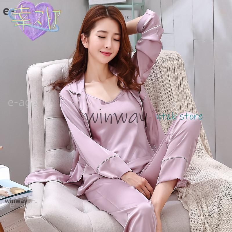 シルクパジャマ レディース 上下 3点セット セットアップ インナー キャミソール ルームウェア 部屋着 長袖 前開き 大人 春 夏 秋